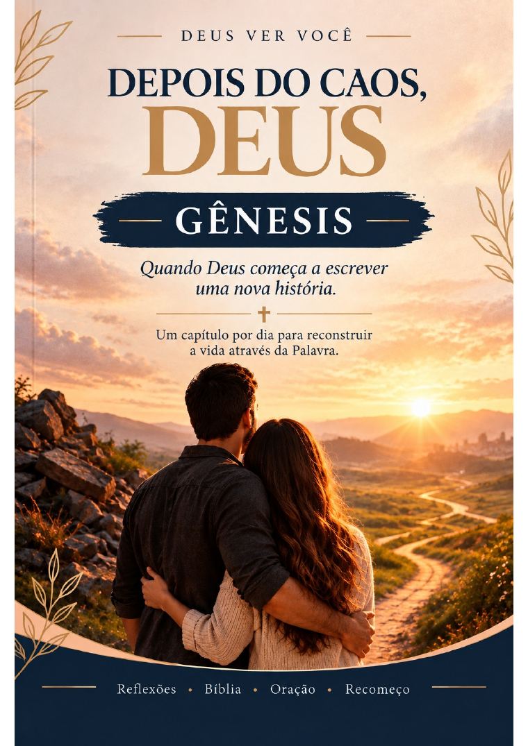 Capa do devocional Depois do Caos, Deus: um casal abraçado olhando o nascer do sol